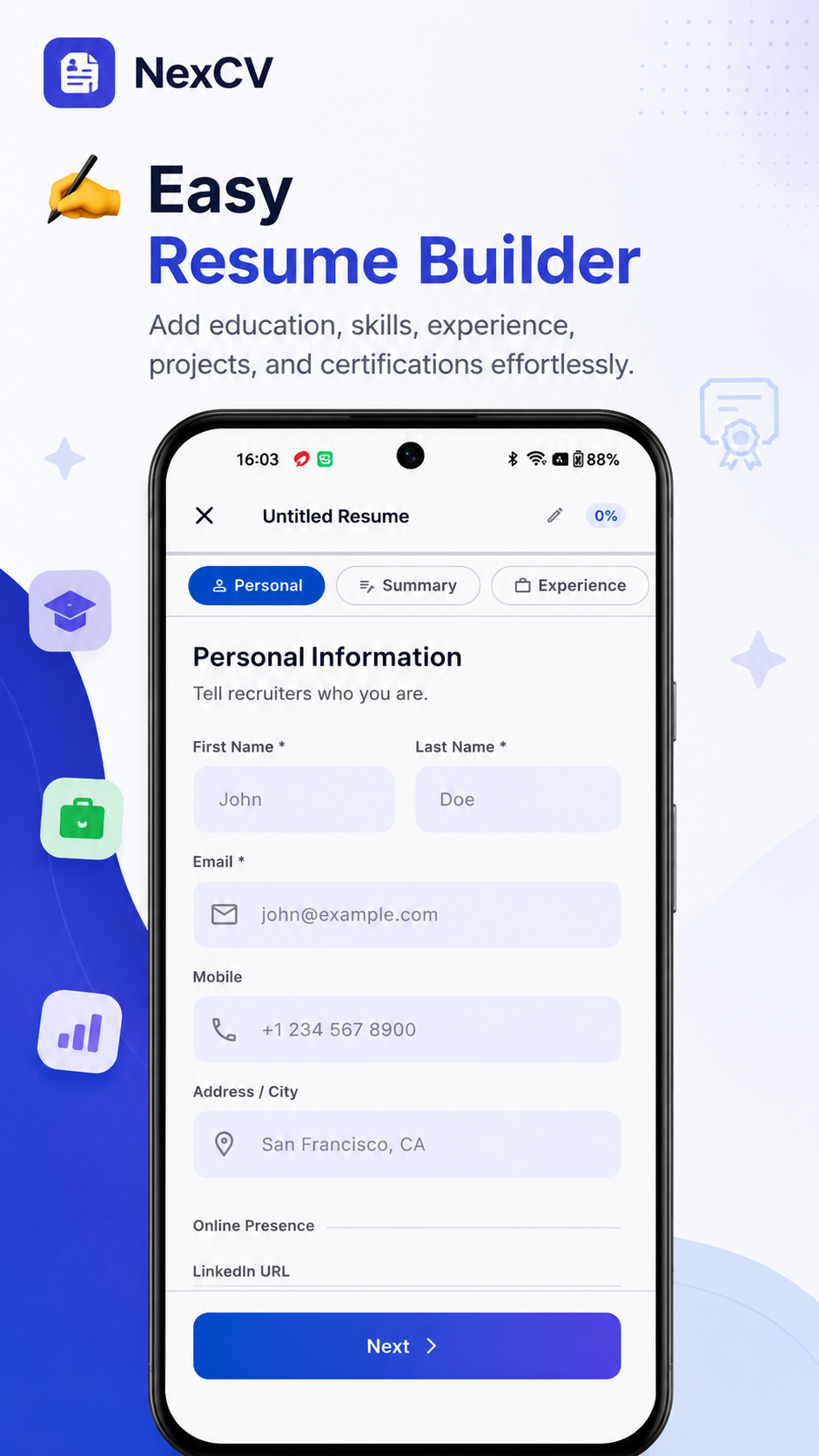 NextCV Home Dashboard – Quick actions to create resume, run ATS scan, browse templates